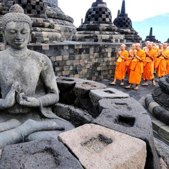 Buddhist monks take part in a circumambulation ritual at Borobudur Temple, the world's largest Buddhist temple, ahead of Vesak Day, marking the birth, enlightenment, and death of Buddha, in Magelang
