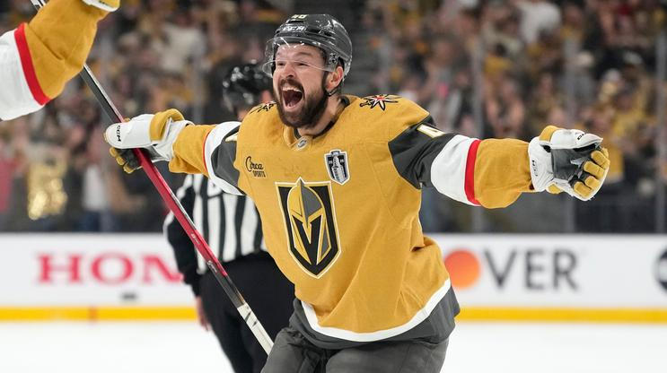 Tomáš Hertl z Vegas slaví gól do sítě Caroliny.