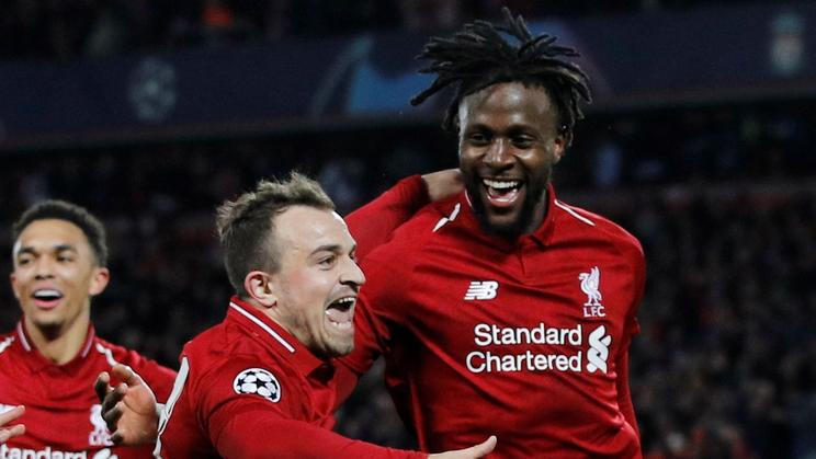 Divock Origi (vpravo) se raduje ze svého nejslavnějšího gólu kariéry.