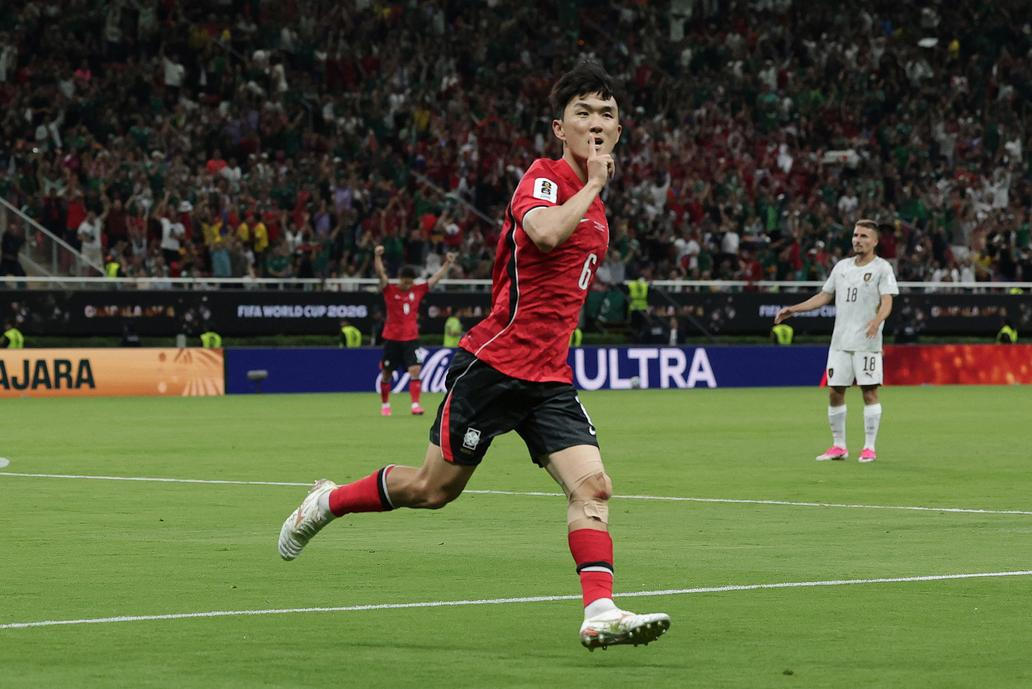Hwang In-pom slaví gól v zápase MS 2026 Česko - Korea.