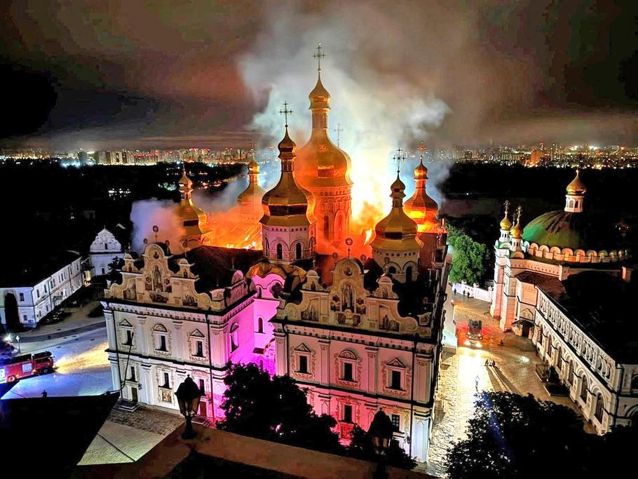 Kyiv Pechersk Lavra monastery caught fire following Russian missile and drone strike, in Kyiv