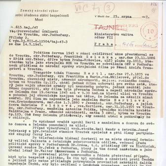 Zápis Státní bezpečnosti o „porevolučních událostech ve Vroutku“ z 25. srpna 1947. Spis byl až do roku 1994 veden jako tajný.