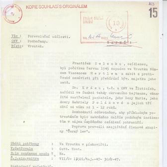 Shrnutí zápisu o vraždě Františka Zelenky a následném „příkladném potrestání“ z archivu StB z listopadu 1947.