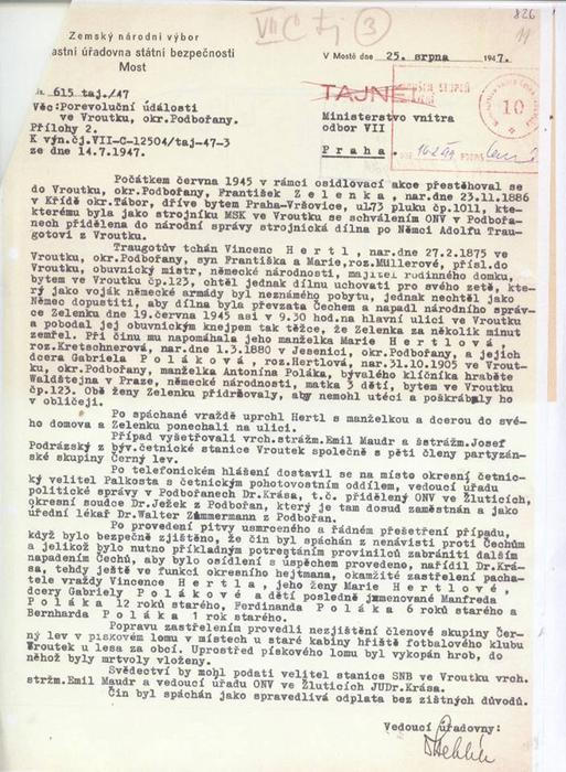 Zápis Státní bezpečnosti o „porevolučních událostech ve Vroutku“ z 25. srpna 1947. Spis byl až do roku 1994 veden jako tajný.