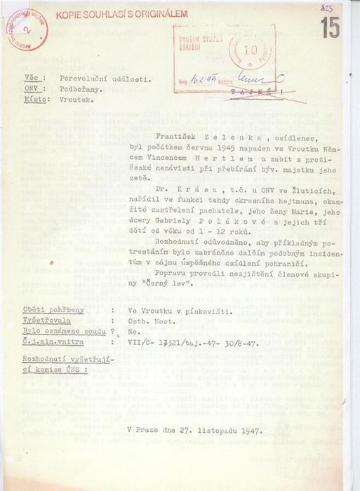 Shrnutí zápisu o vraždě Františka Zelenky a následném „příkladném potrestání“ z archivu StB z listopadu 1947.