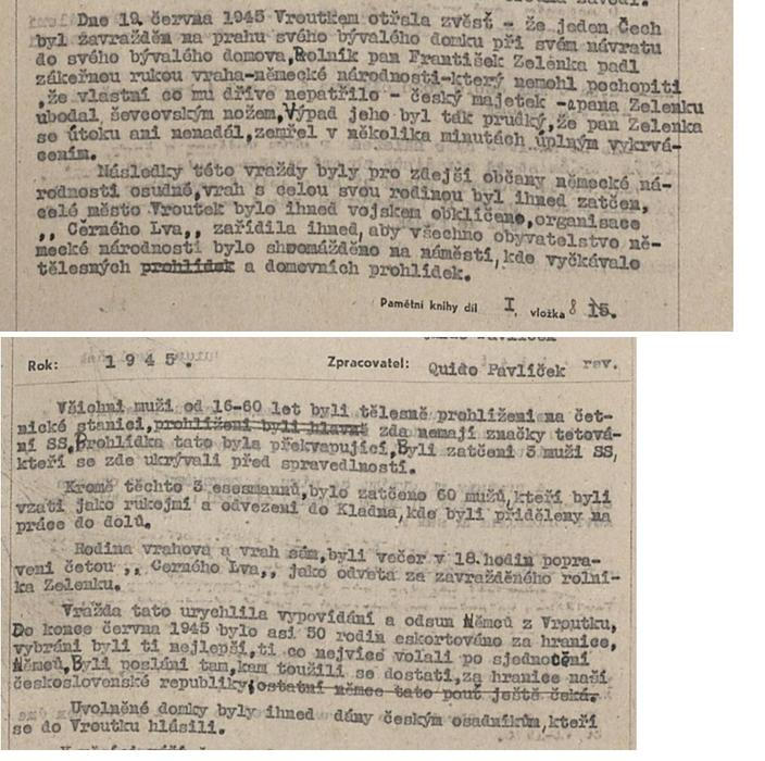 Výňatek z kroniky železniční stanice Vroutek z roku 1945, kterou tehdy psal Quido Pavlíček typickým poválečným jazykem.