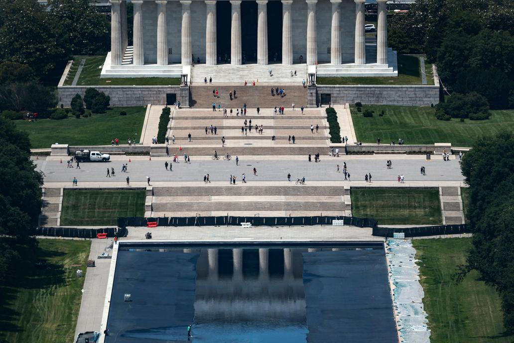 Workers refill the Lincoln Memorial Reflecting Pool in Washington