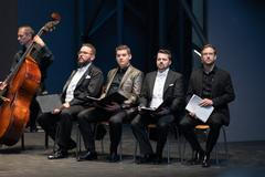 Mužské osazenstvo sólistů: Zleva Pavel Švingr (Ježíš), Daniel Matoušek (Mascron), Jiří Brückler (Ďábel) a Vladimír Polívka (Vypravěč)