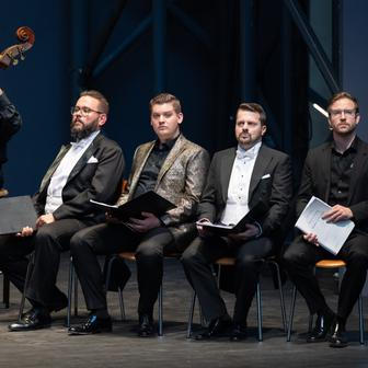 Mužské osazenstvo sólistů: Zleva Pavel Švingr (Ježíš), Daniel Matoušek (Mascron), Jiří Brückler (Ďábel) a Vladimír Polívka (Vypravěč)