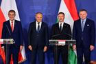 Český premiér Andrej Babiš, polský premiér Donald Tusk, maďarský premiér Péter Magyar a slovenský premiér Robert Fico na setkání zemí Visegrádské skupiny (V4) v maďarském Gödöllő, 23. června 2026. REUTERS/Márton Mónus.