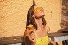 Closed,Eyes,Brunette,Long,Hair,Woman,Wear,Yellow,Sunglasses,And