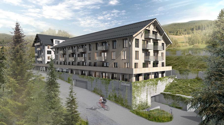 Vizualizace toho, jak má vypadat nový developerský projekt ve Velké Úpě, který vznikne na místě hotelu Budovatel.