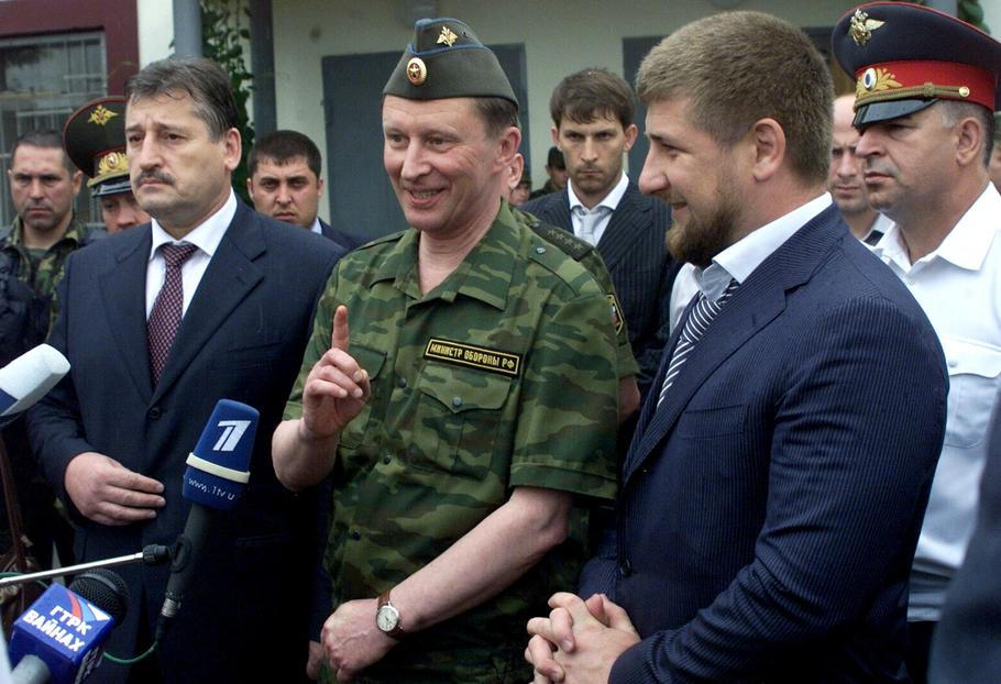 FILE PHOTO: Russian Defence Minister Ivanov speaks to media as Chechen President Alkhanov and Prime Minister Kadyrov listen in Khankala