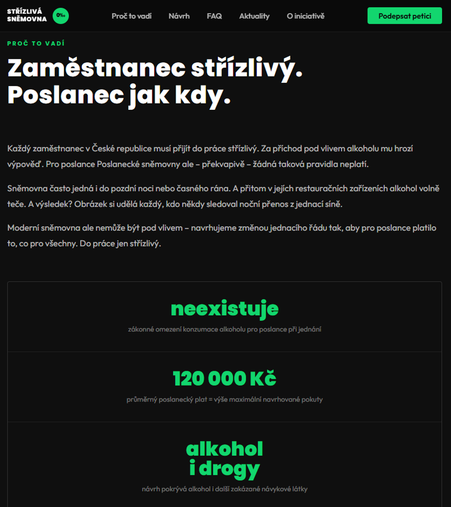 Pohled na webovou stránku, která je speciálně vytvořená pro to, aby prošel návrh na střízlivou sněmovnu. 