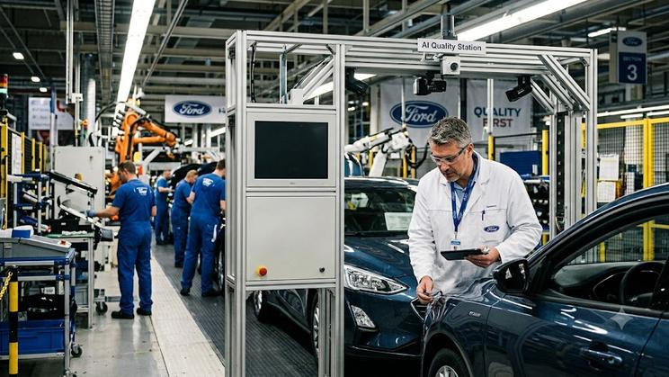 V automobilce Ford přijali na post kontrolorů kvality zase živé inženýry (vytvořeno pomocí AI).