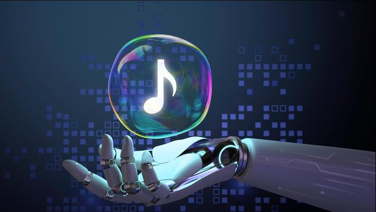 A,Robotic,Hand,Holds,A,Glowing,Music,Note,Bubble.,The