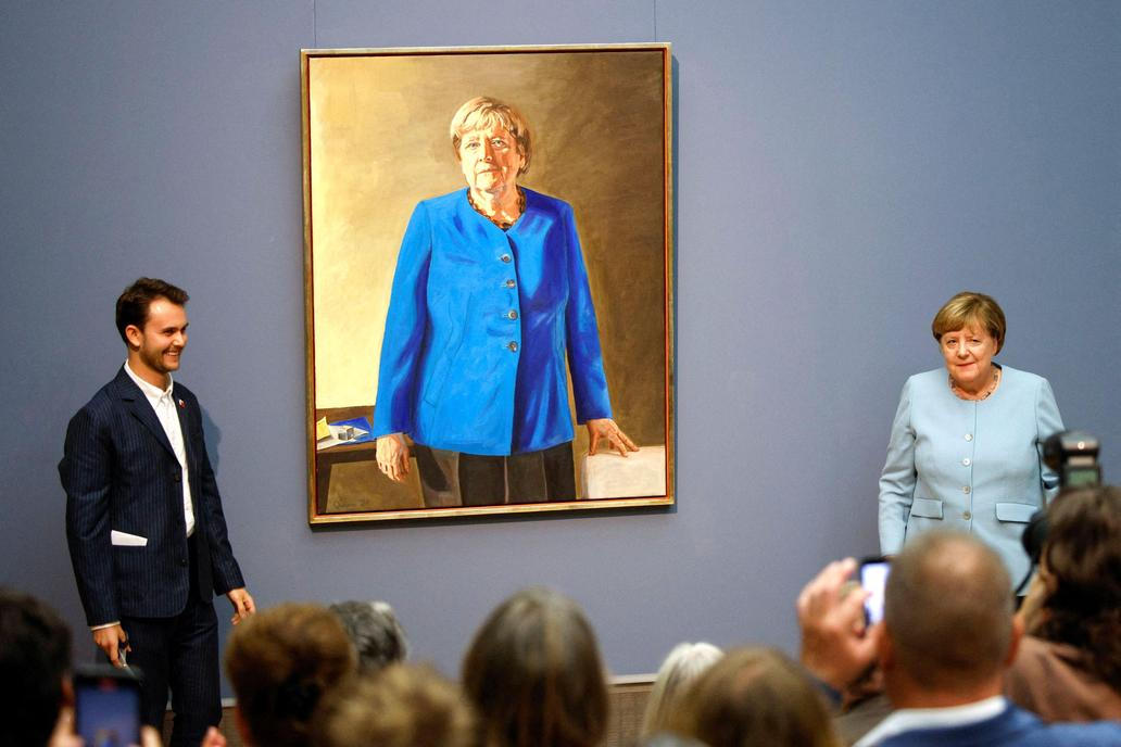 A portrait of former German Chancellor Angela Merkel is unveiled at the Bode Museum in Berlin