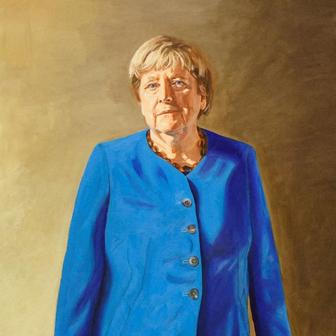 A portrait of former German Chancellor Angela Merkel is unveiled at the Bode Museum in Berlin