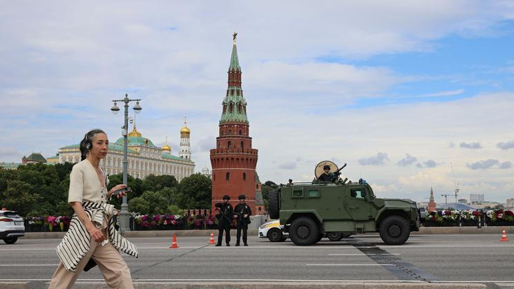 Russian security personnel stand guard in central Moscow