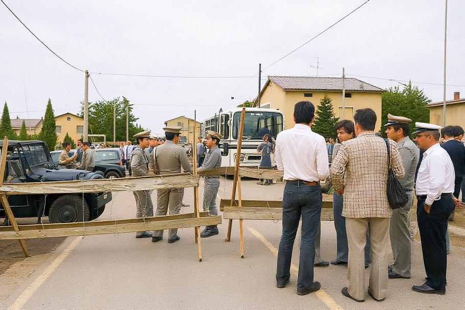 Obyvatelé a policie stojí u autobusu během evakuace Zóny A. Seveso 1976: – chemický Černobyl: 30 kg jedu a tváře poznamenané navždy, Magazín, codagalerie
