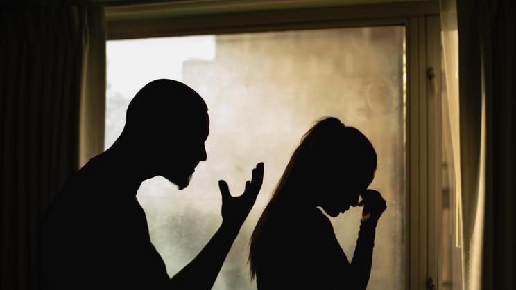 Unhappy,Crying,Frightened,Woman,,Aggressive,Man,Quarreling,At,Home.,Angry