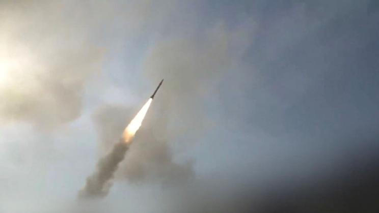 Screengrab from an Iranian state TV video says to show an Iranian missile flying through the air at an unknown location
