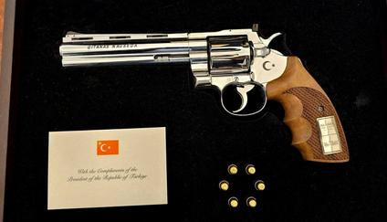 A gun gifted by Turkish President Recep Tayyip Erdogan to Lithuanian President Gitanas Nauseda at NATO summit