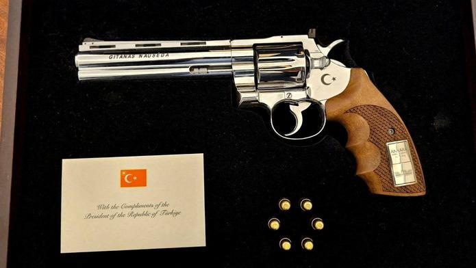 A gun gifted by Turkish President Recep Tayyip Erdogan to Lithuanian President Gitanas Nauseda at NATO summit