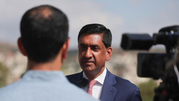 U.S. Representative Ro Khanna (D-CA) is interviewed by Reuters during a visit to Turmus Ayya, near Ramallah