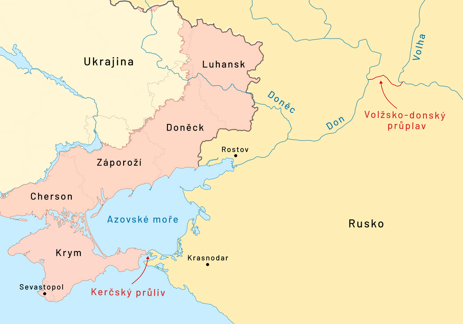Mapa ukazuje Kerčský průliv, Azovské moře a důležitý Volžsko-donský průplav.