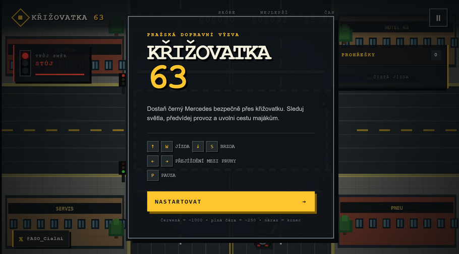 Ve hře usednete za volant černého Mercedesu a vaším úkolem je projet křižovatkou přes pražské náměstí I. P. Pavlova. Křižovatka 63