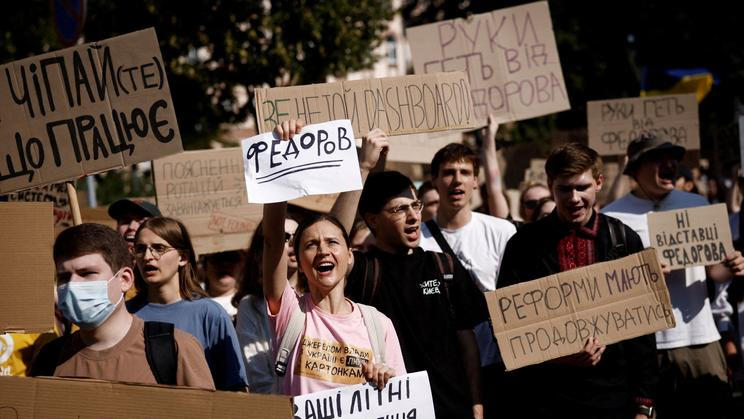 Protest against Ukrainian President Zelenskiy's decision to replace Fedorov as defence minister, in Kyiv