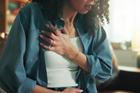 Chest,Pain,,Emergency,And,Fear,With,Hands,Of,Woman,For