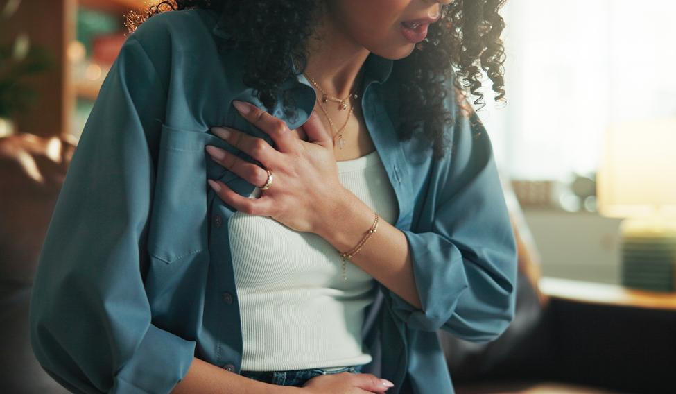 Chest,Pain,,Emergency,And,Fear,With,Hands,Of,Woman,For
