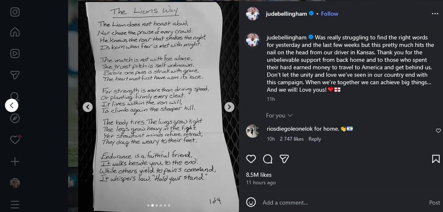 Jude Bellingham sdílel řidičovu báseň na svém Instagramu