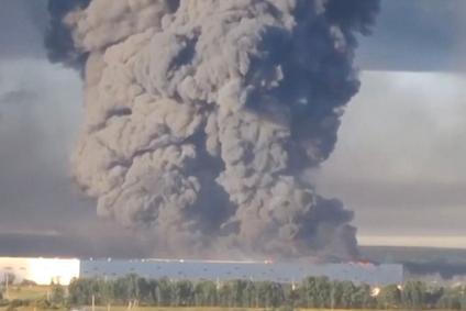 Smoke billows from a warehouse, after deadly Ukrainian drone attacks, as per regional governors, in Elektrostal