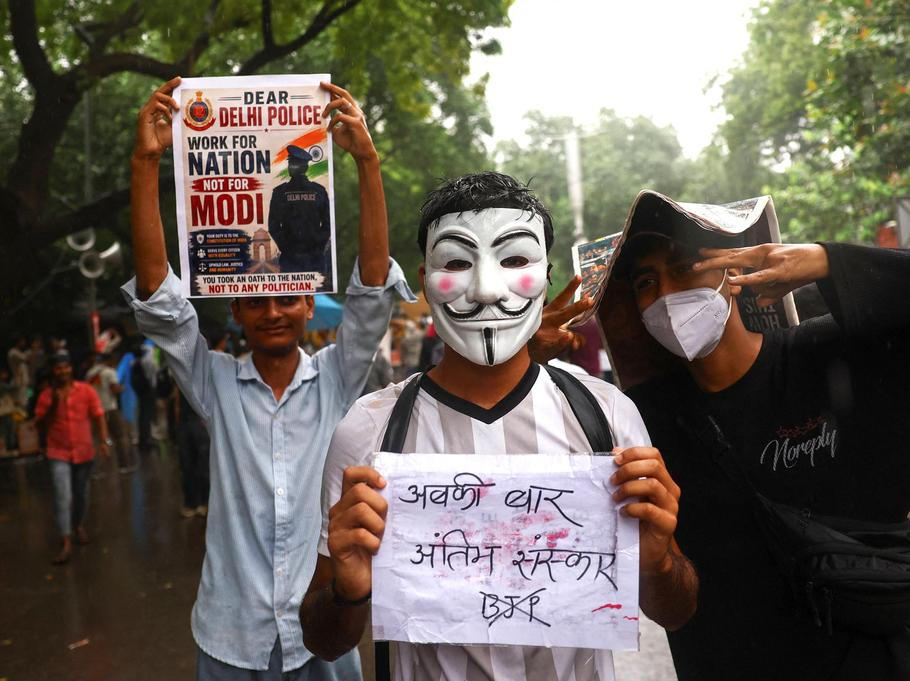Supporters of India's Cockroach Janta Party (CJP) demonstrate at a protest site in New Delhi