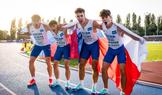 Zlatá štafeta sprinterů na ME atletů do 18 let v Rieti: zleva Jan Tuháček, Jakub Marek, Štěpán Vardžák a Lukáš Bednařík