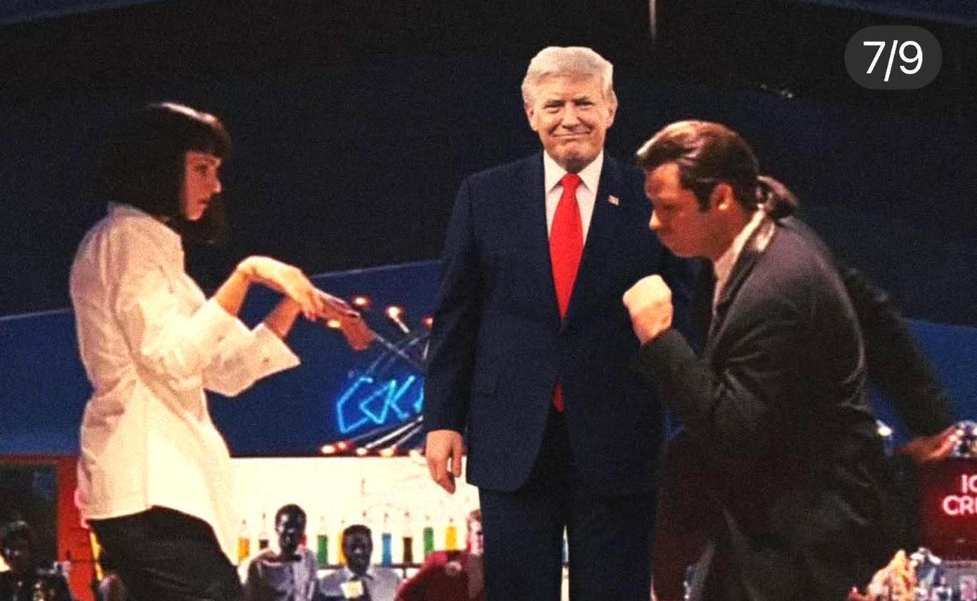 Trump a Vincent Vega z filmu Pulb Fiction, který se ocitl na jednom z nejslavnějších memů všech dob.