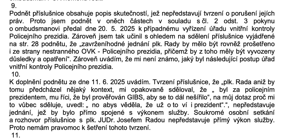 Odpovědi policejního ombudsmana Ladislava Tomečka k případu vyšetřovatelky Anny Radové Taran. Dokument má redakce k dispozici.
