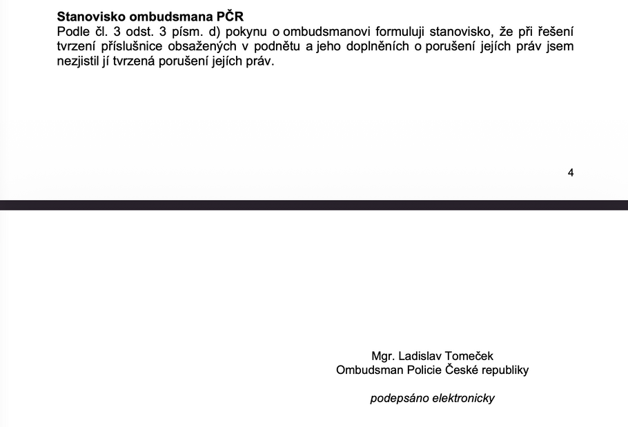 Odpovědi policejního ombudsmana Ladislava Tomečka k případu vyšetřovatelky Anny Radové Taran. Dokument má redakce k dispozici.