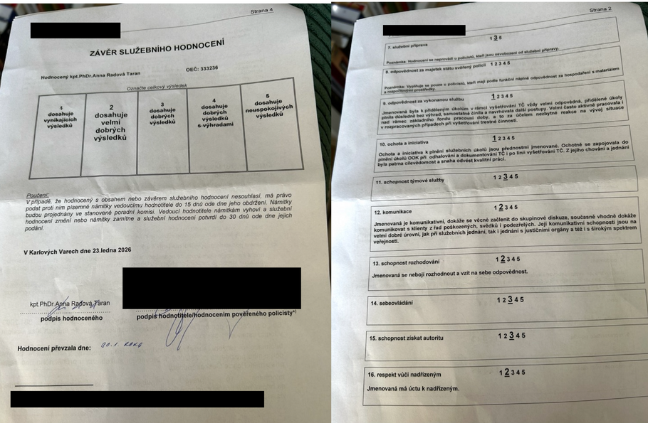 Hodnocení vyšetřovatelky Anny Radové Taran od jejích tehdejších nadřízených, které získala redakce Aktuálně.cz.