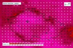 Denní teplotní maxima v pátek podle předpovědi meteorologů.