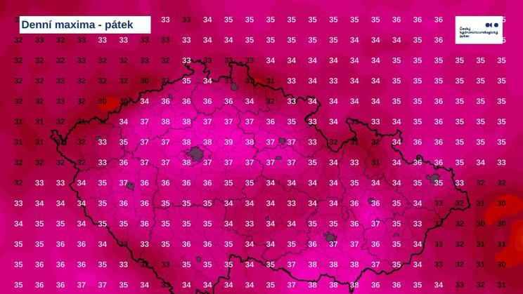 Denní teplotní maxima v pátek podle předpovědi meteorologů.