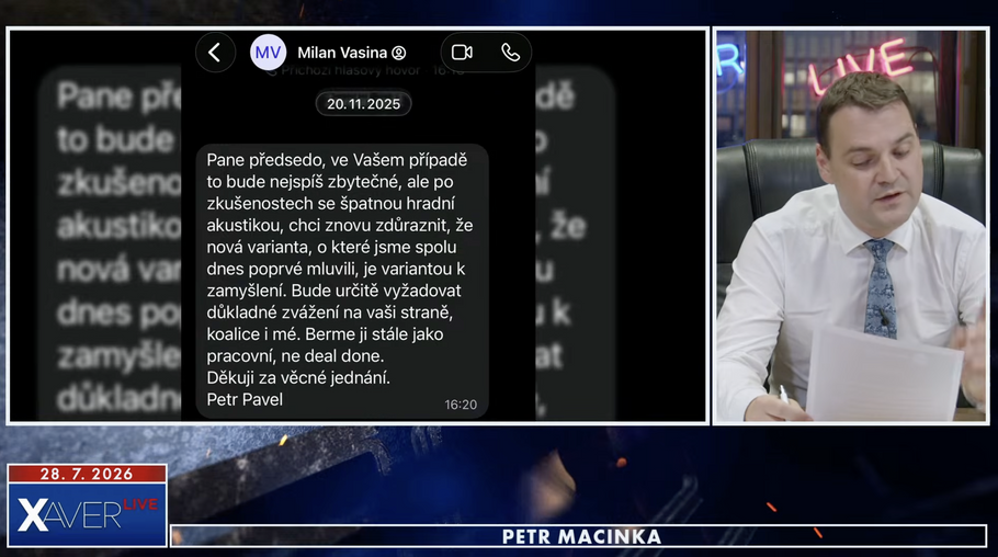 Ministr zahraničí a šéf Motoristů sobě Petr Macinka ve vysílání Xaver Live zveřejnil SMS, kterou měl zaslat prezident Petr Pavel prostřednictvím hradního kancléře Milana Vašinu.