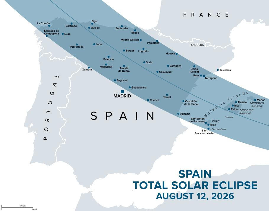 Tudy bude probíhat tzv. pás totality (úplného zatmění) nad Španělskem 12. srpna 2026