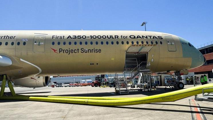 FILE PHOTO: An Airbus A350-1000ULR test aircraft being developed for Qantas' "Project Sunrise" ultra-long-haul flights, stands in Toulouse
