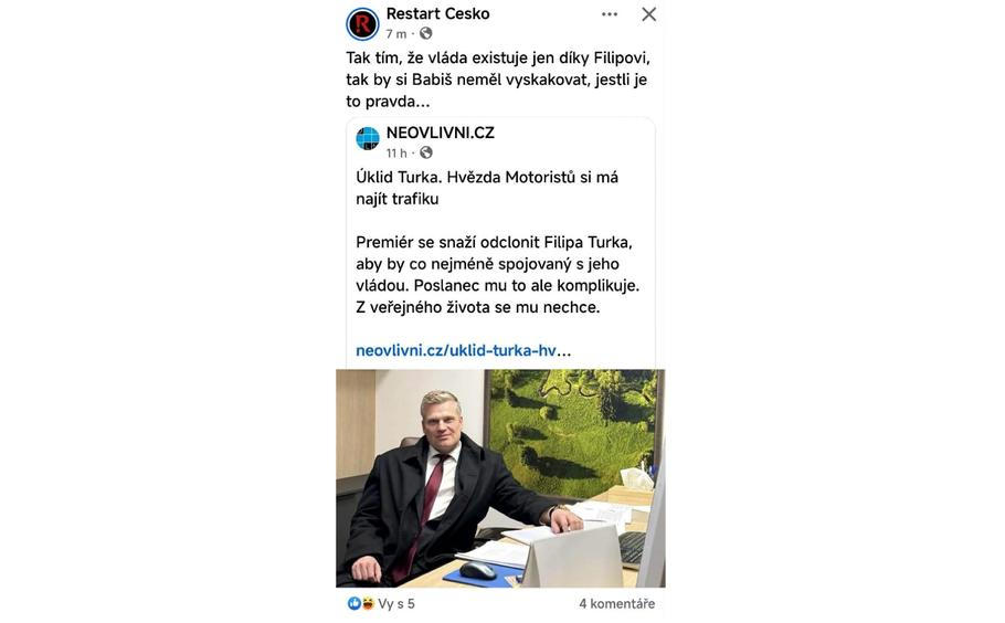 Pondělní příspěvek z facebookové stránky Restart Česko – influencera Adama Šejny – kritizoval předsedu vlády Andreje Babiše. Netrvalo ale dlouho a zmizel.