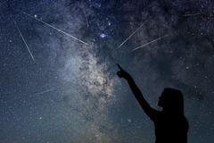 Silhouette,Of,Young,Girl,Watching,Meteor,Shower.