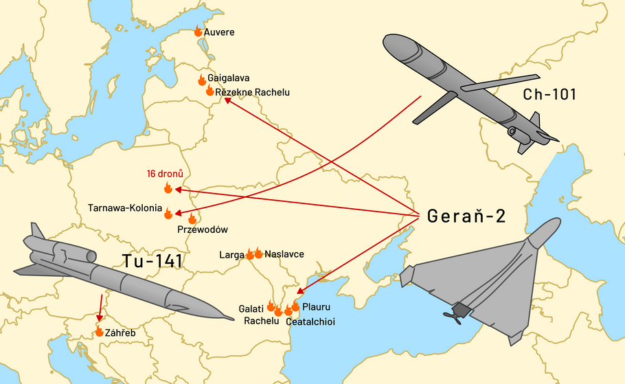 Mapa vybraných míst v Evropě, kam dopadly od začátku velké války na Ukrajině v roce 2022 střely či drony.